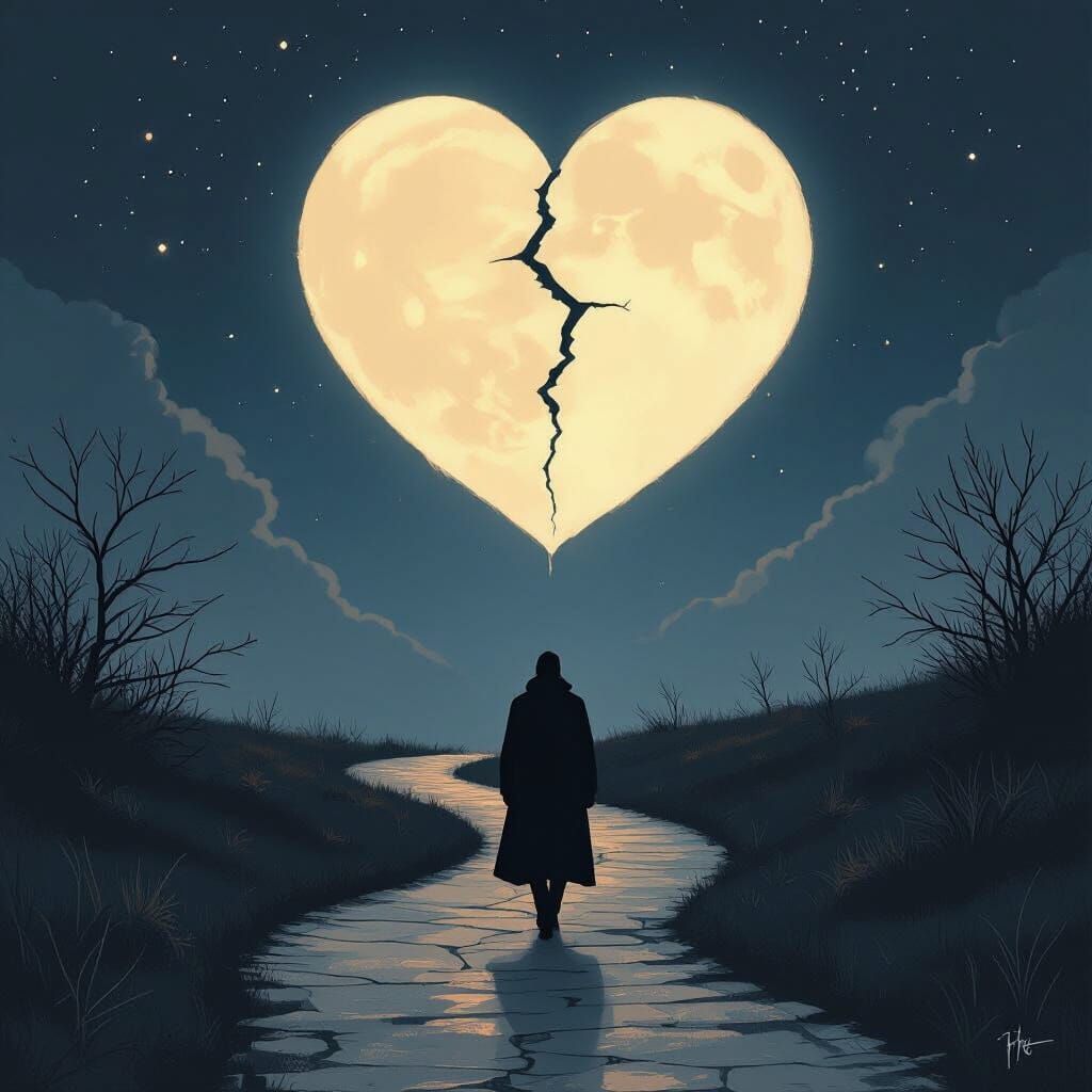 Heart Moon Fracture Under Lunar Light: Digital Illustration