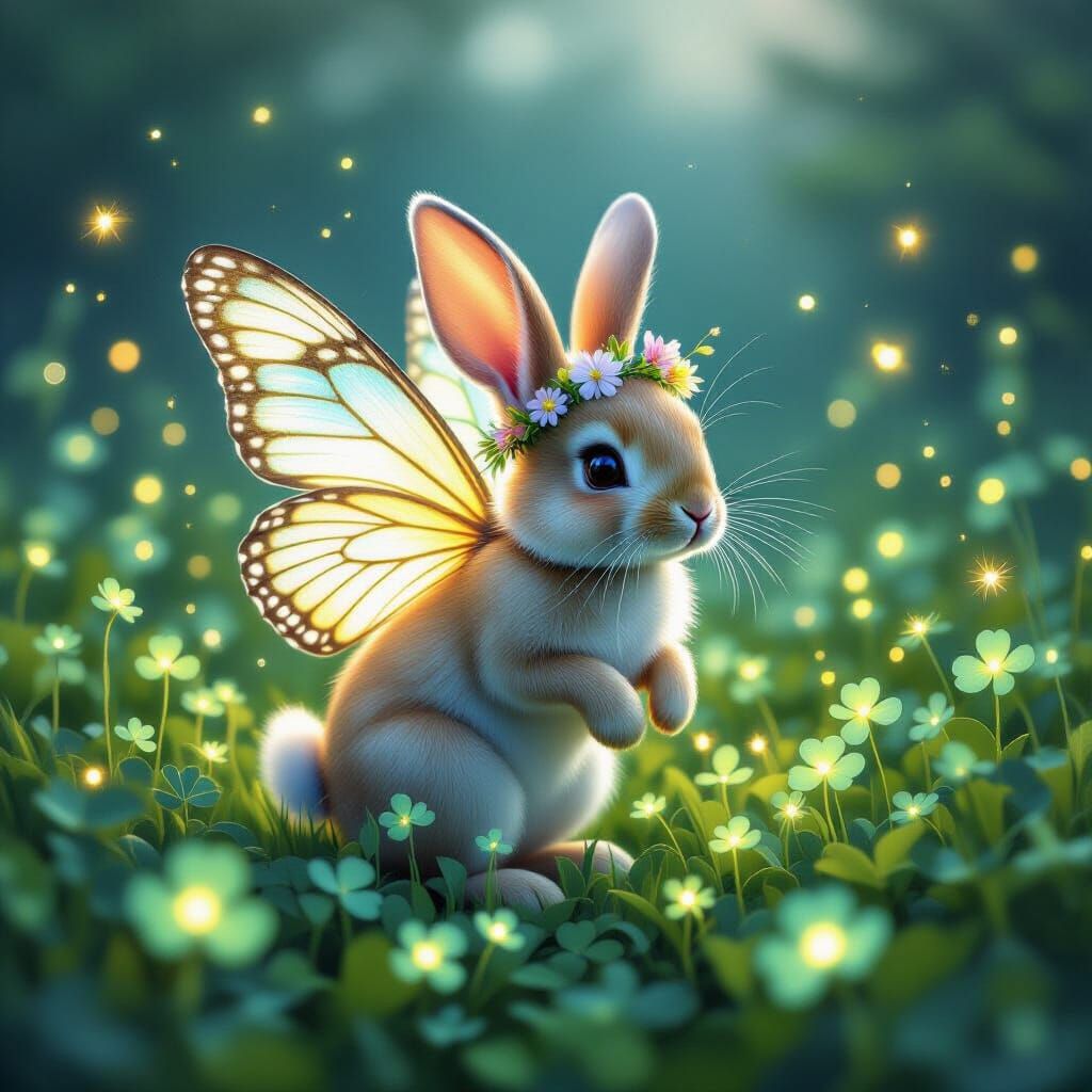 Bioluminescent Bunny in Clover Field, Fairytale Style