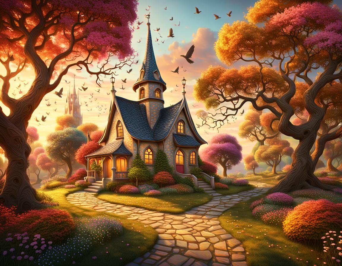 Enchanting Fairytale Cottage Landscape at Sunset