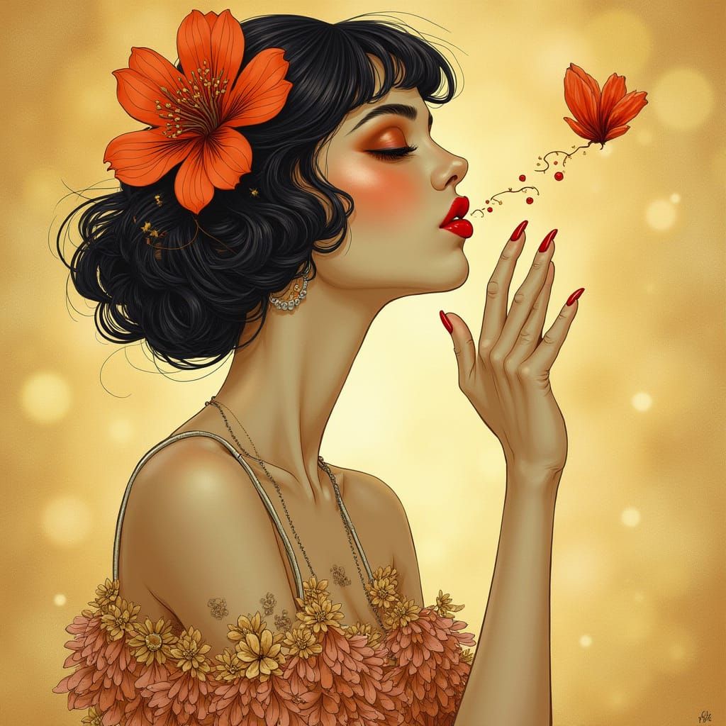 Elegant Woman Blowing Kiss in Art Nouveau Style