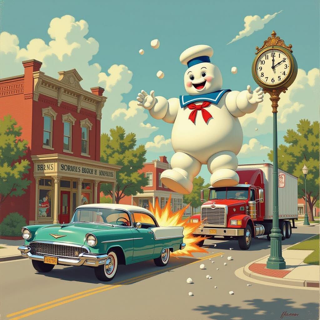 Chaotic Car Scene in Rockwell-esque Small Town