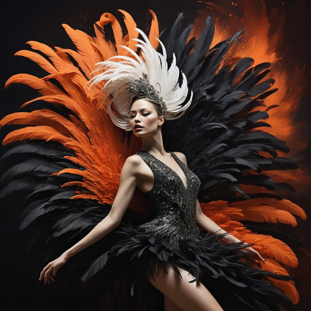 Abstract Showgirl in Orange and Black Hues