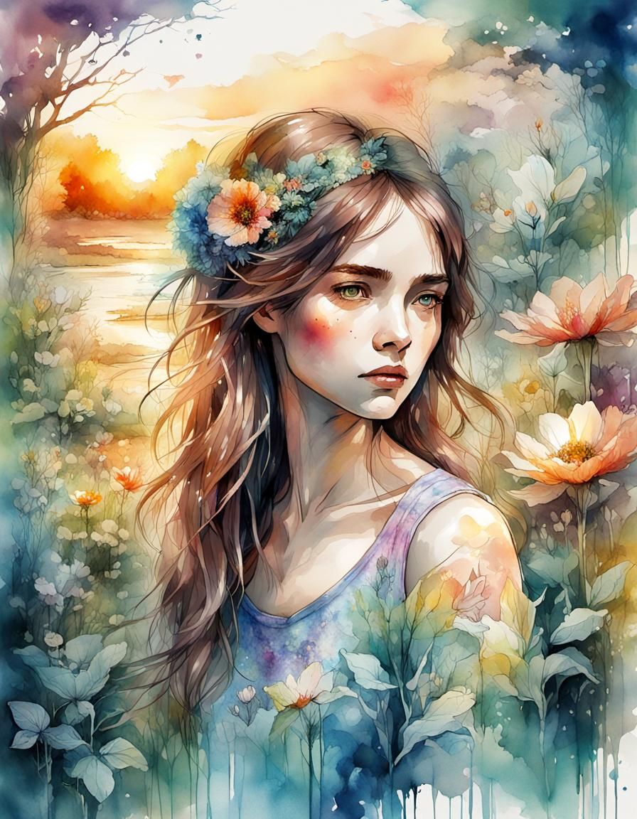 Lady in Secret Garden: Digital Watercolor Portrait