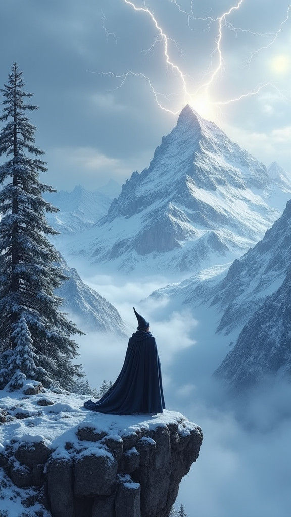 Majestic Wizard Overlooks Snow-Shrouded Mountain Vista