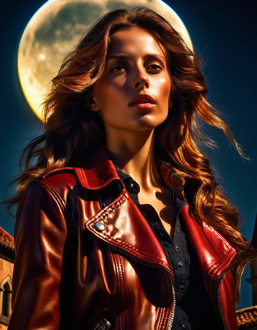 Woman on Castle Battlements Under Pale Moonlight in Baroque...