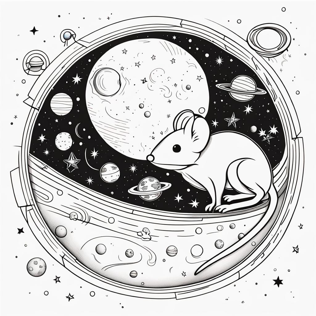 Mouse in Space: Line Art with Celestial Objects
