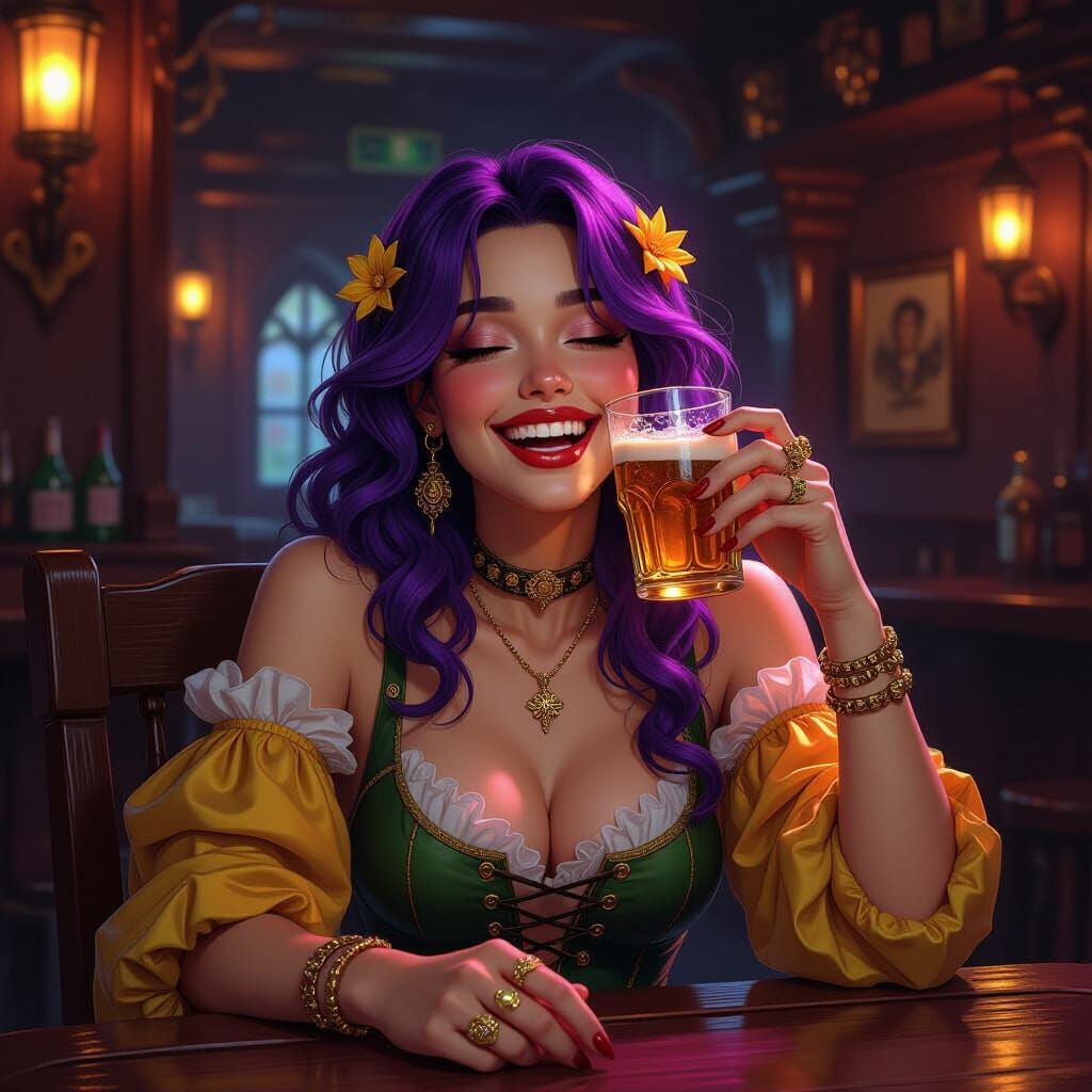 laughing girl drunk in a pub a masterpiece, 8k resolution, dark fantasy concept art, by Greg Rutkowski, dynamic lighting...