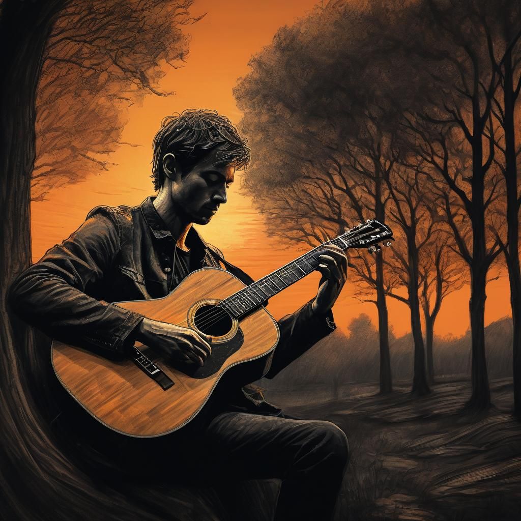 Musician's Guitar: Expressive Pencil Sketch in Sunset