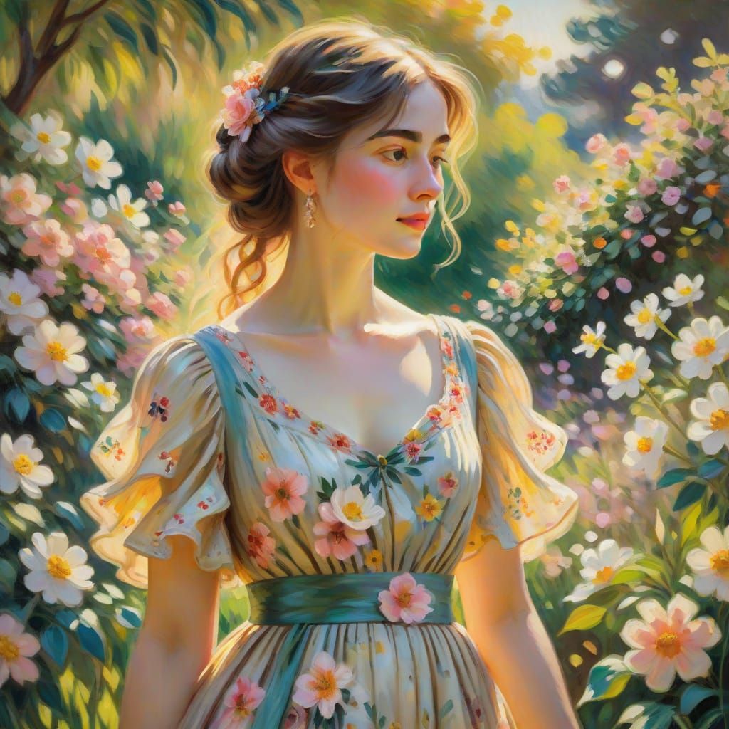 Woman in a Whimsical Garden, Impressionist Style