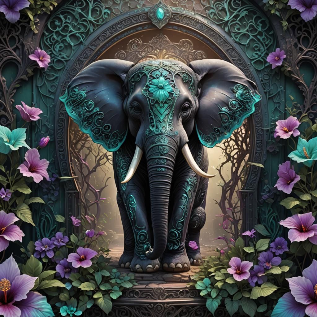 Iridescent Elephant in Filigree Portal: Detailed Matte Paint...