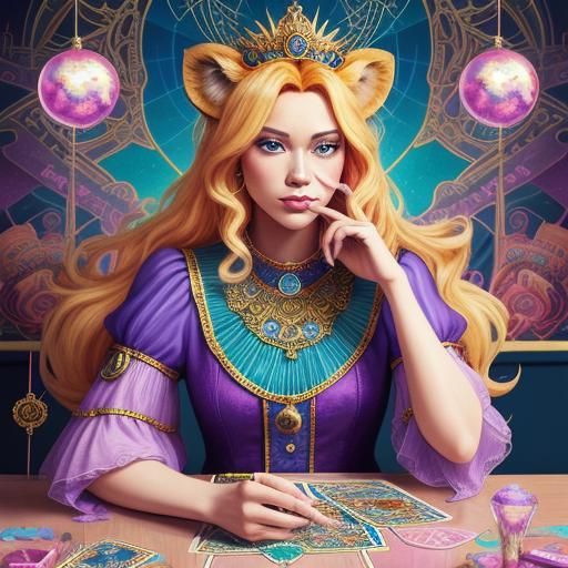 Blonde Tarot Reader with Candy Lion in Candy Art