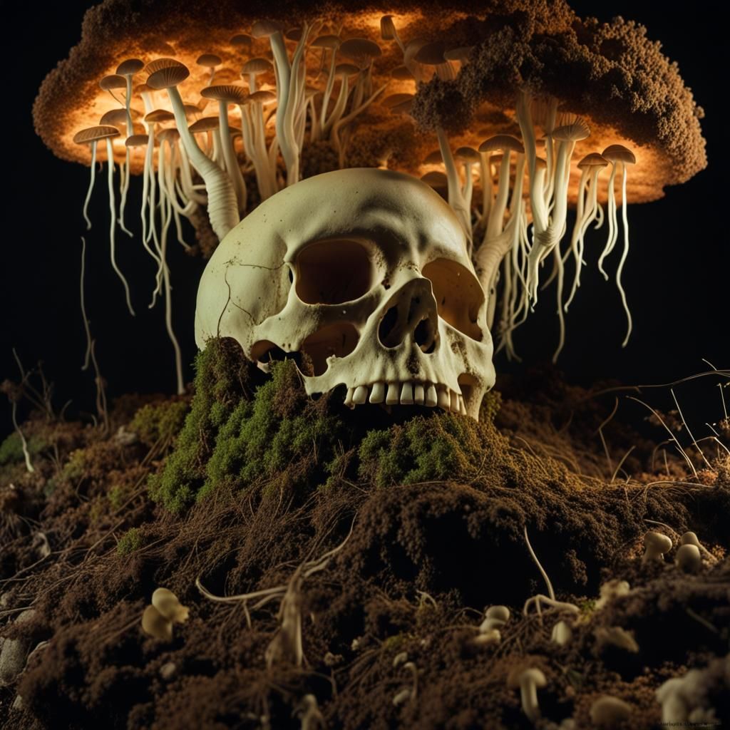 Glowing Mushrooms Engulf Skull in Night Photo