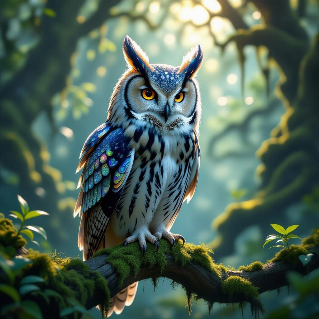 Majestic Owl with Shimmering Glass Feathers in Mystical Fore...