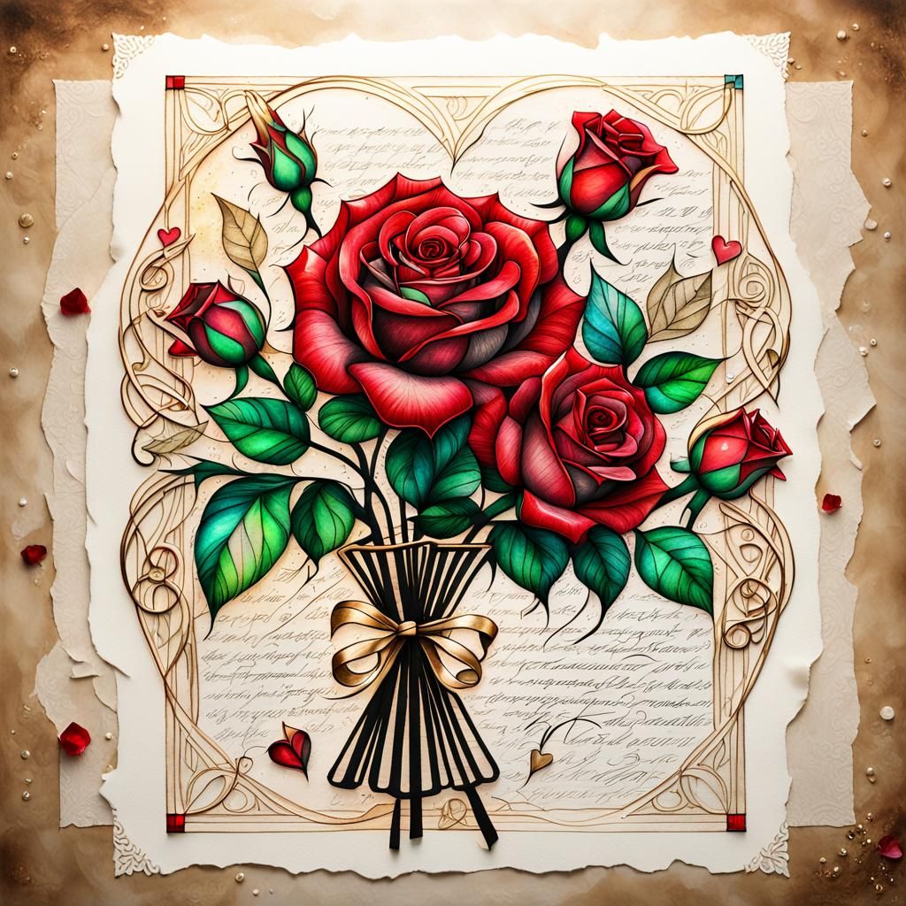 Calligraphic Love Letter with Roses: Holographic Stained Gla...