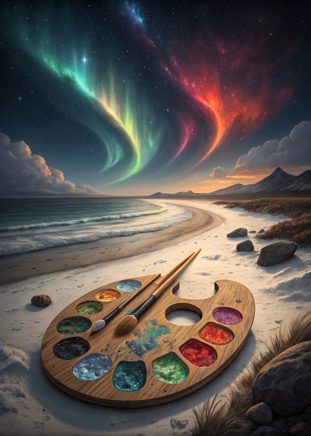 Painter's Palette Under Aurora Borealis in Hyperrealism