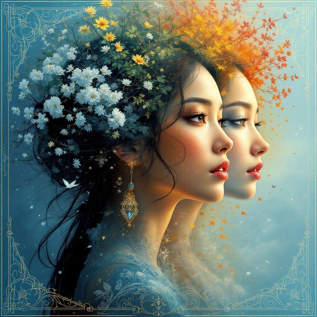 Dreamlike Journey Through the Seasons in Asian Woman's Life