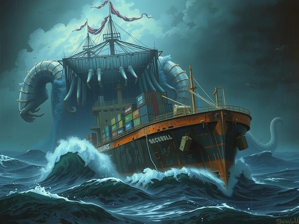 Cargo Ship Battles Stormy Seas in Surrealist Style
