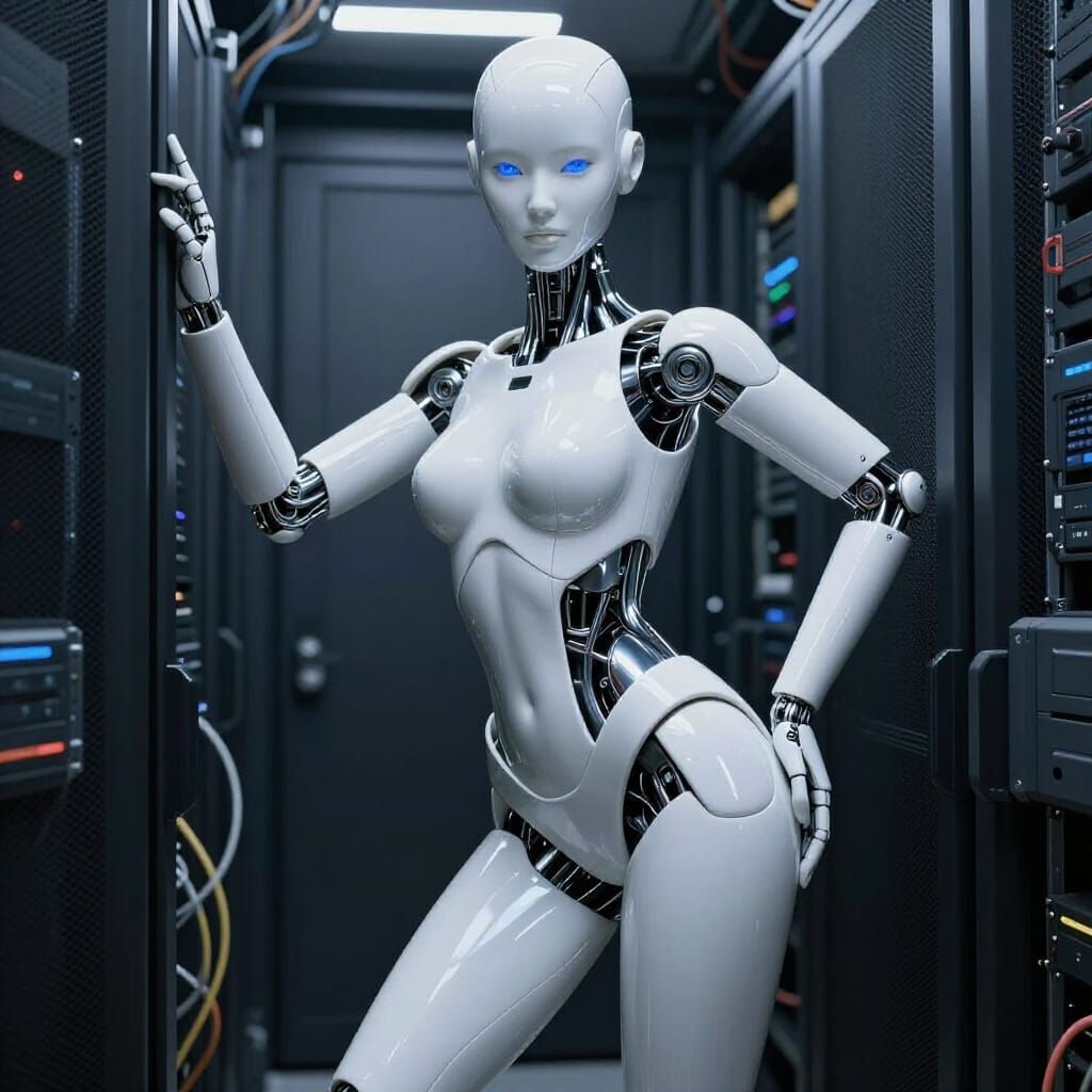 A hyper-realistic, cinematic of a next-generation "Physical AI" humanoid assistant in 2026. The android features a minim...