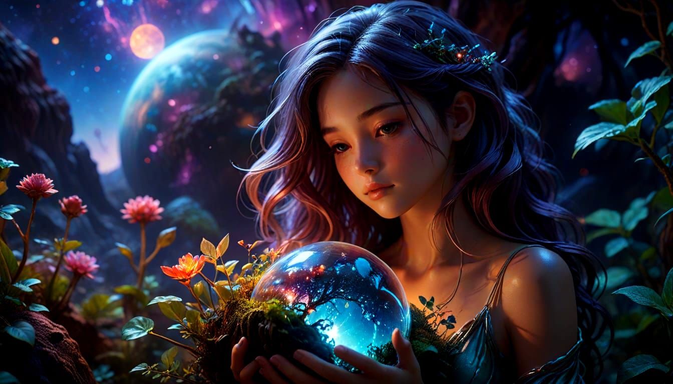 Ethereal Guardian Holding Miniature Earth: Anime Style