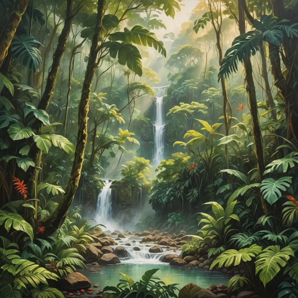 Costa Rican Jungle Waterfall in Impressionist Style