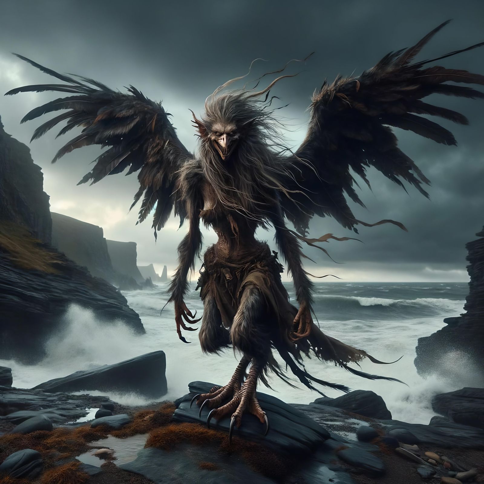 Fantasy Harpy on Rocky Coastline in Digital Art