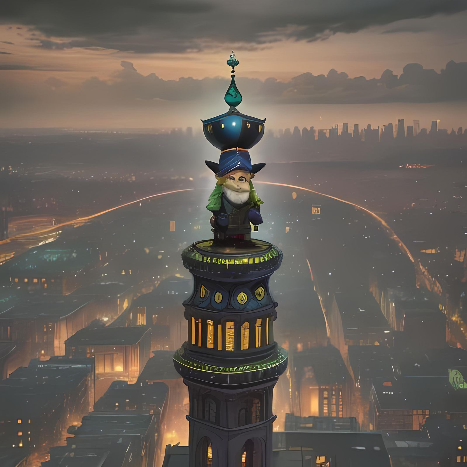 Fluorescent Gnome Flies Over City Landscape
