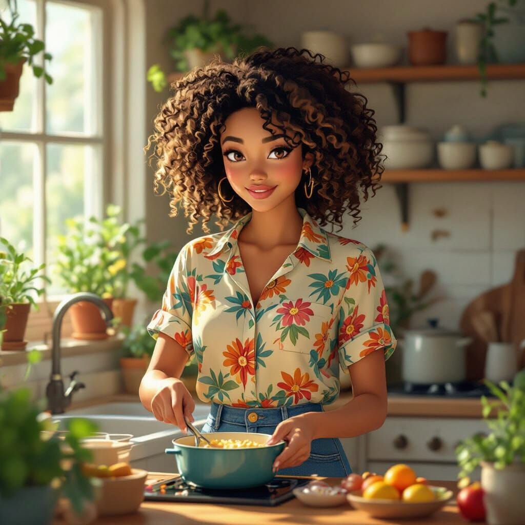 Woman Cooking in Ghibli Style Kitchen