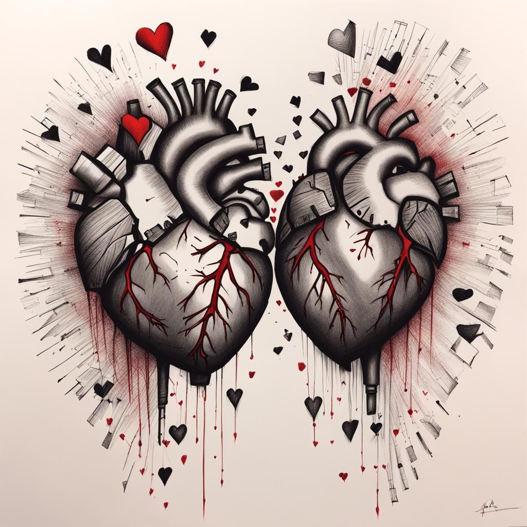 Neurographic Pen Drawing of Broken Red Hearts