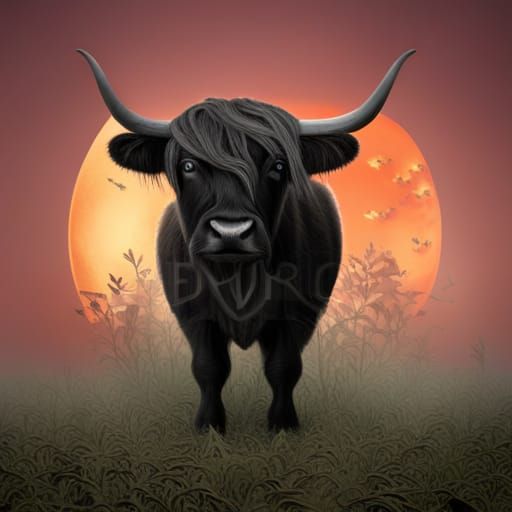 Baby Highland Cow Witch in Pumpkin Patch