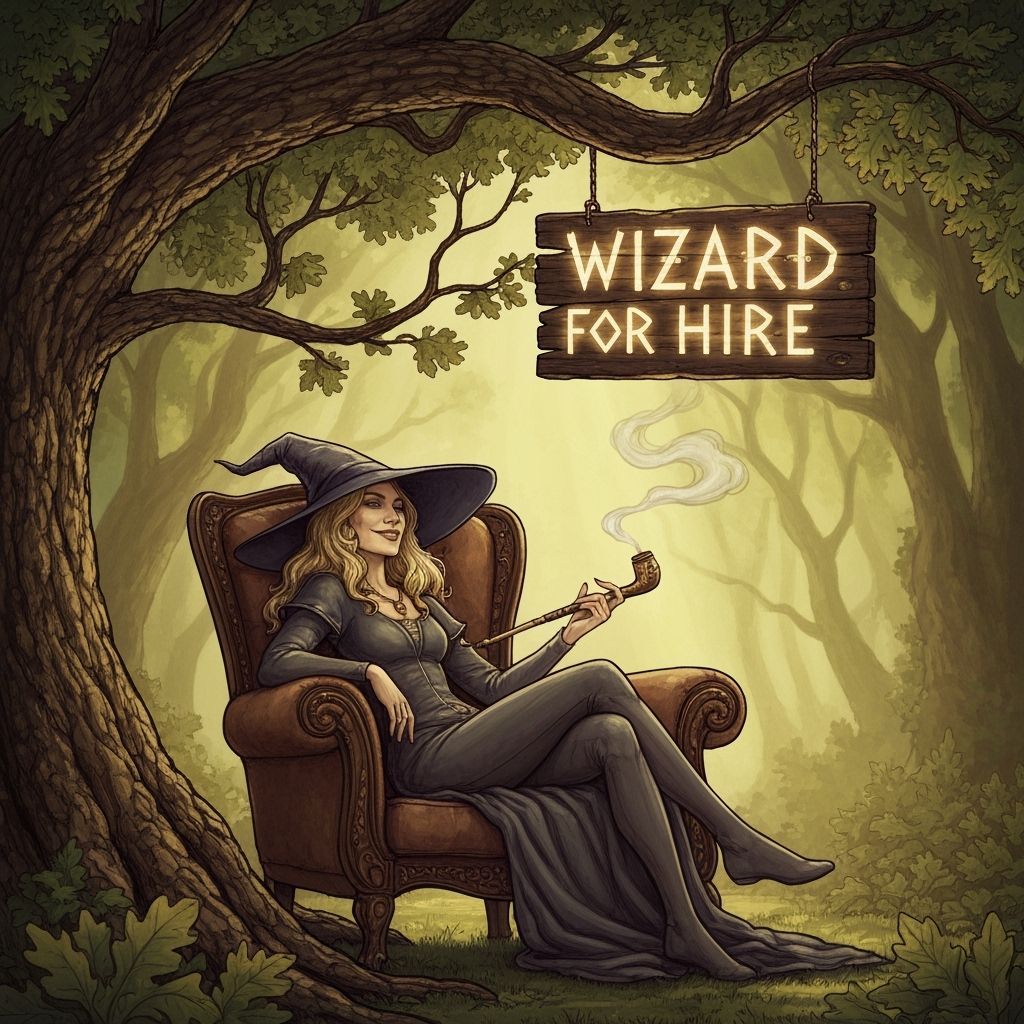 Whimsical Fantasy Wizard For Hire Illustration