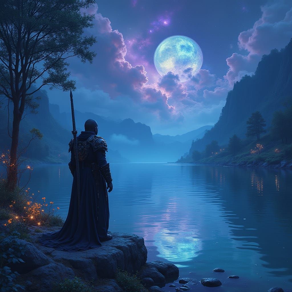 Warrior by Enchanted Lake Under Twin Moons