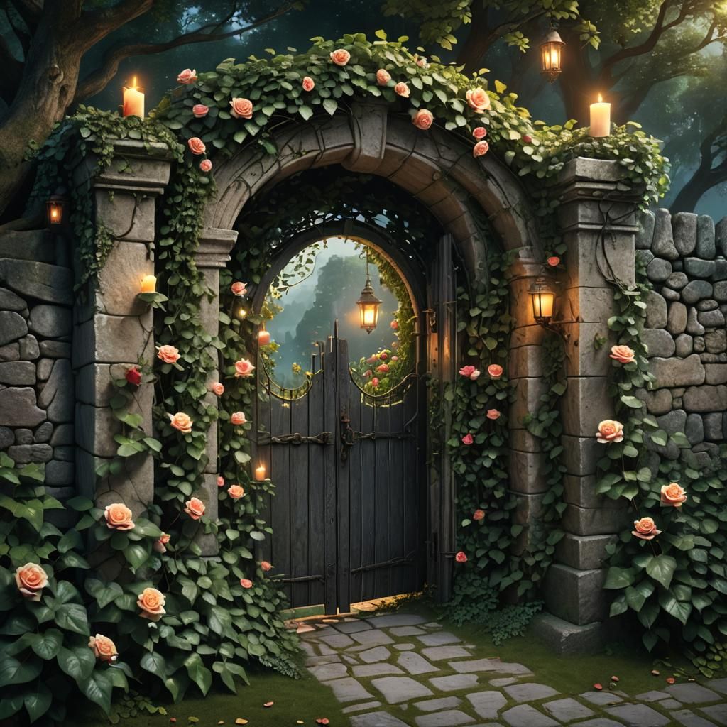 Mystical Secret Garden with Candlelit Path