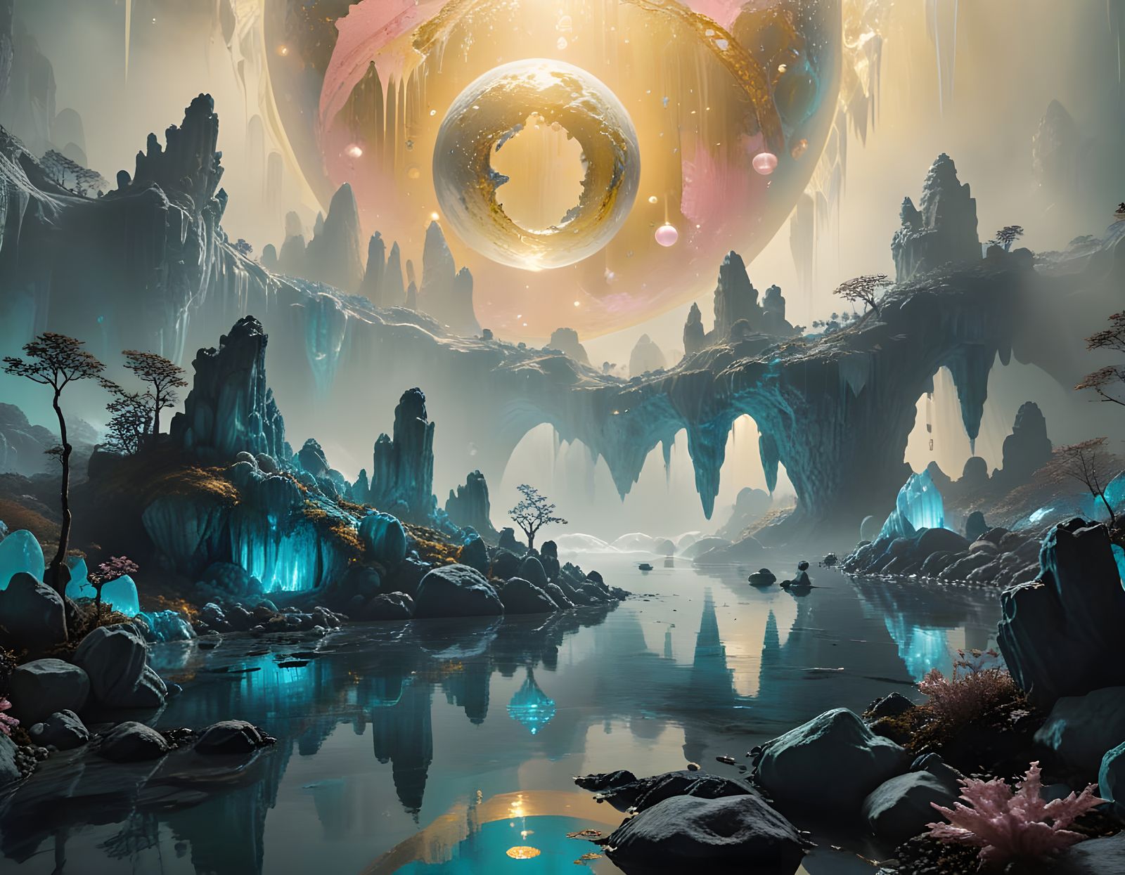 Cave Interior with Ice and Golden Spheres in Diluted Ink Sty...