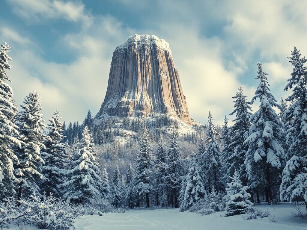 Snowy Devil's Tower in Winter Landscape
