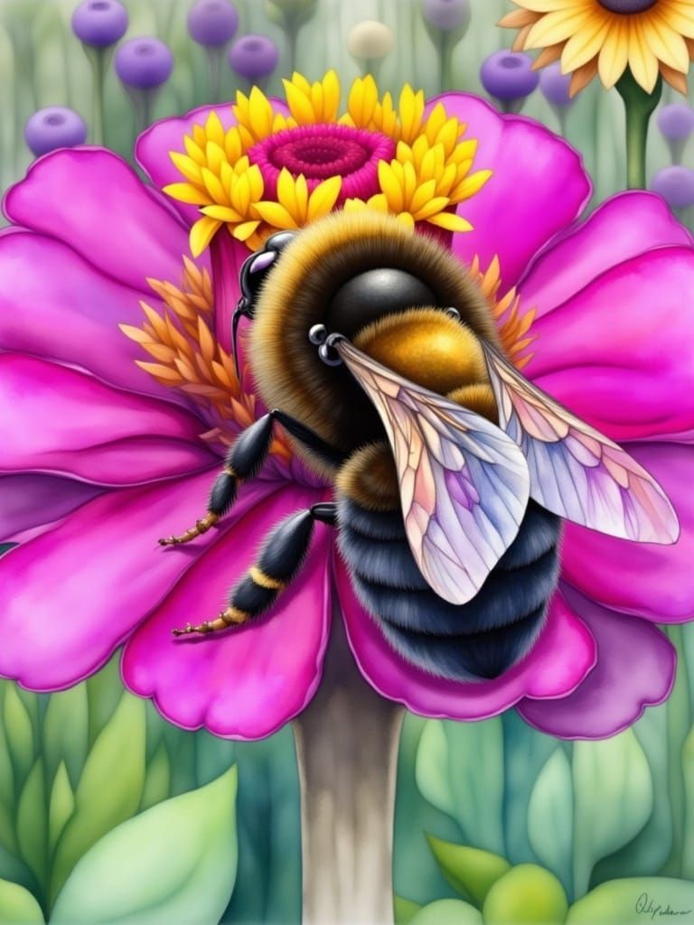 Bumblebee on Zinnia in Watercolor and Liquid Ink