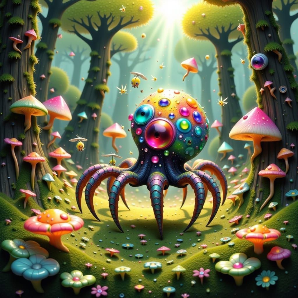 Surreal Forest Playground with Spider-Octopi in Whimsical Wo...