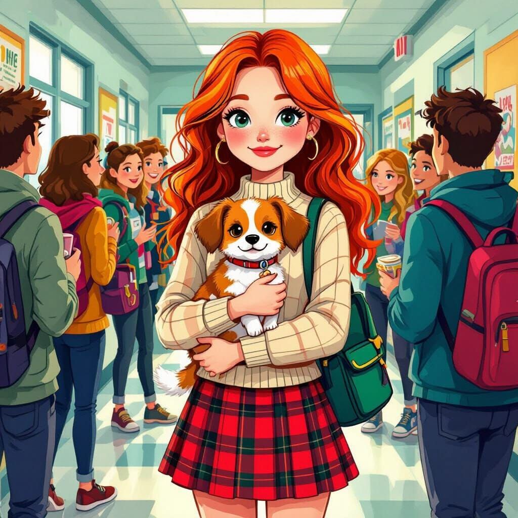 Girl with Dog and Friends in School Hallway