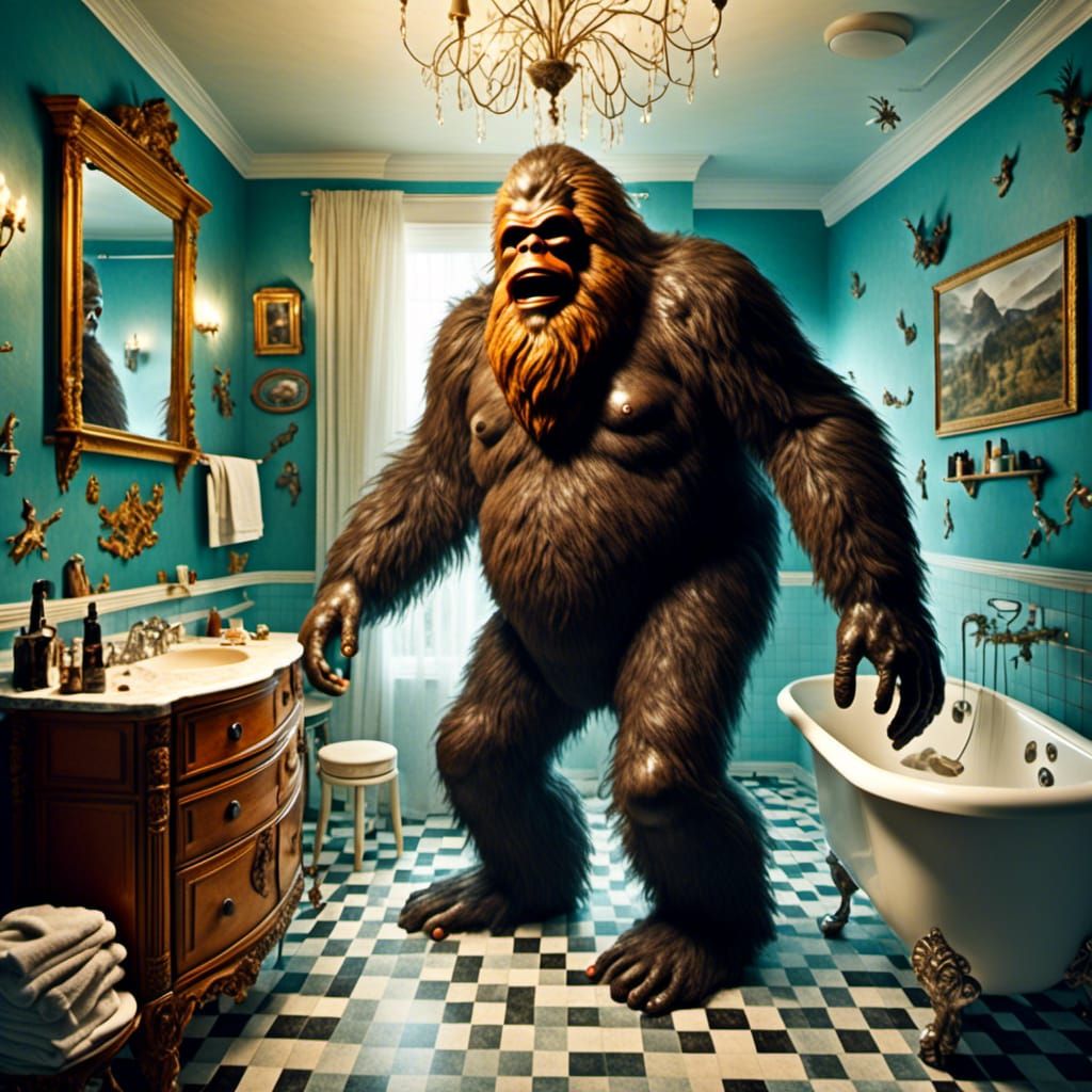 Bigfoot's Bathroom Mishap in Hyperreal Detail