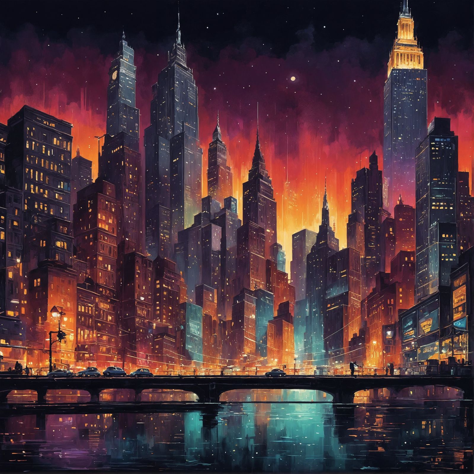 Dazzling City Lights in a Nightscape Painting