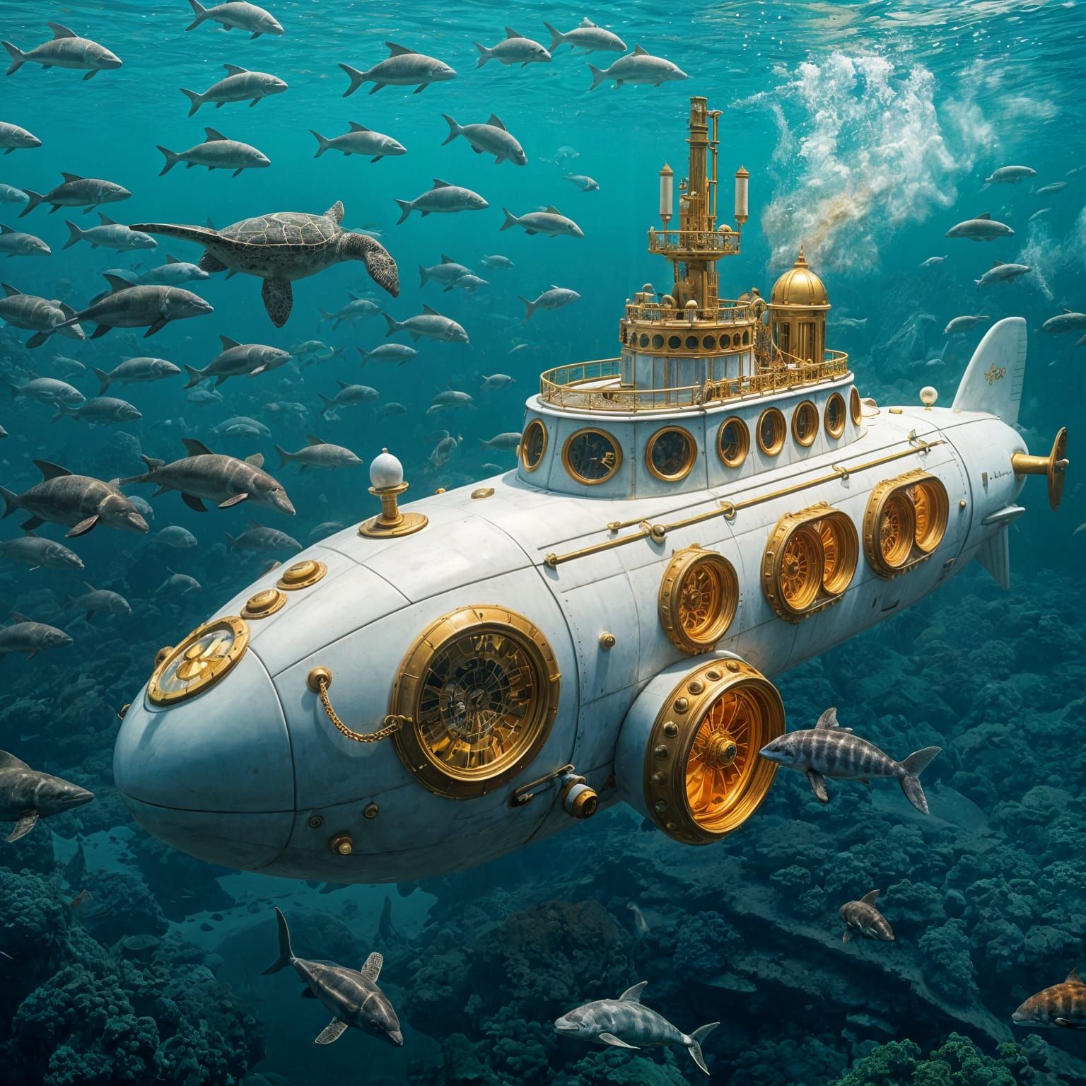 Steampunk Submarine with Sea Life
