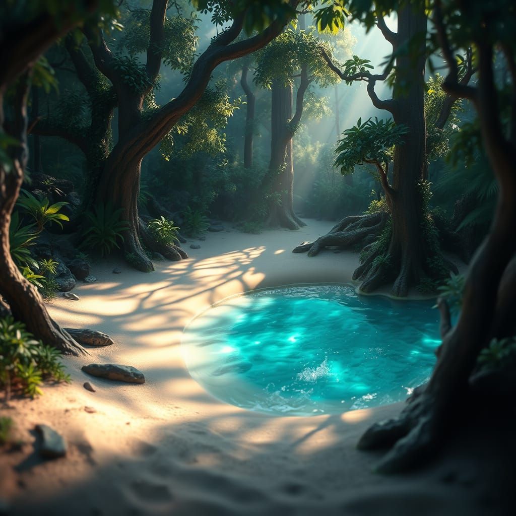 Miniature Glowing Sand Lagoon in Mystical Forest
