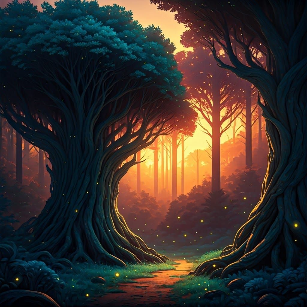 Luminescent Forest at Sunset in a Matte Painting Style