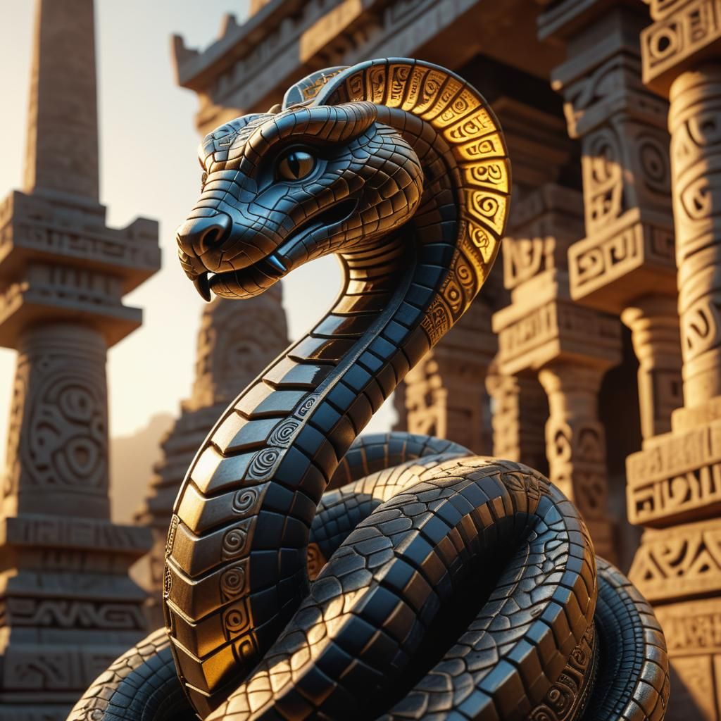 Cobra Fractal Sculpture at Aztec Temple in Fantasy Realism