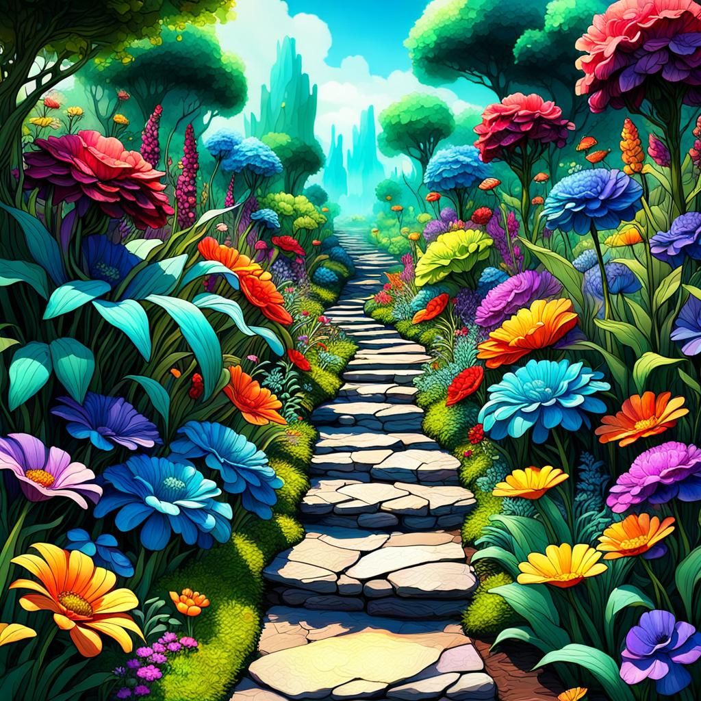Lush Flower Garden with 3D Pathway in Vivid Colors