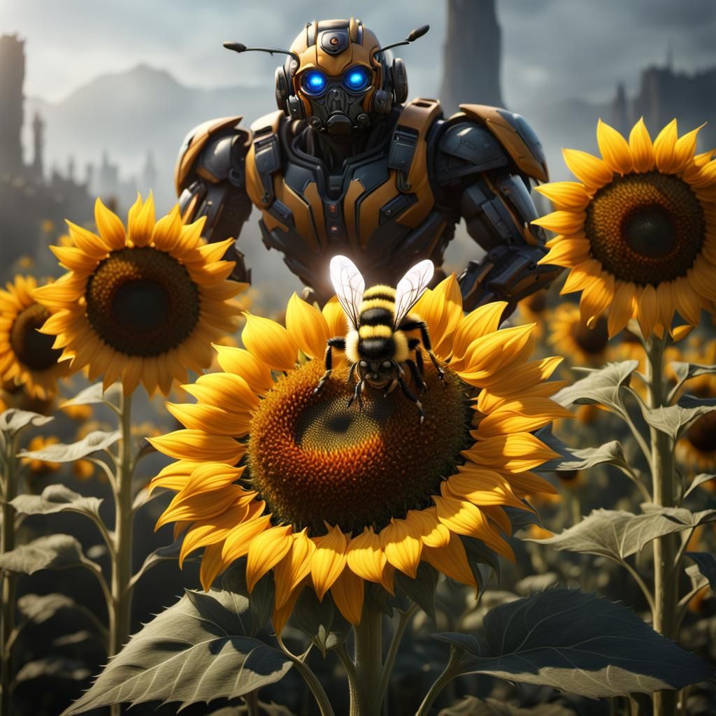 Bumblebee on Sunflowers: Detailed Matte Painting