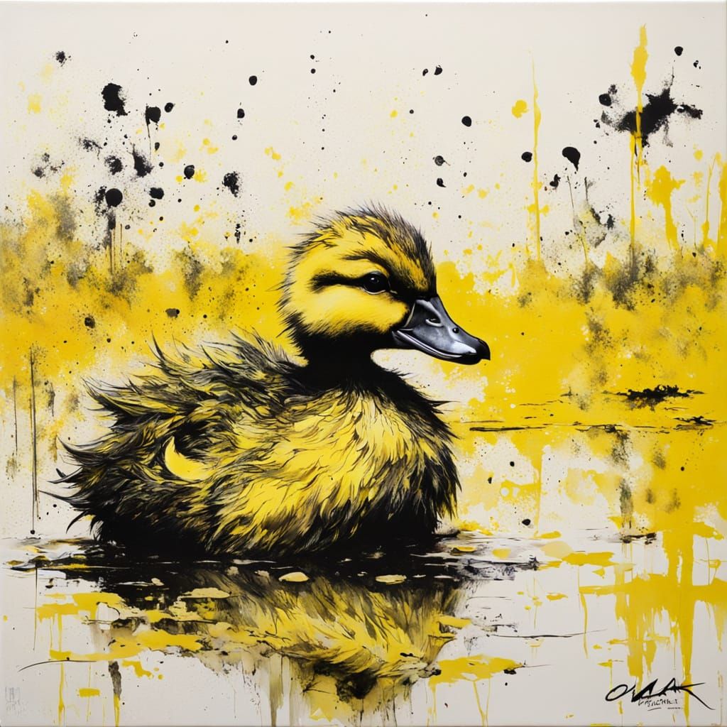 Happy Duckling in Yellow Pond: Monochromatic Oil Painting