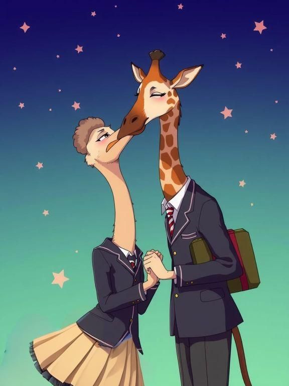 Anthropomorphic Ostrich and Giraffe Couple Kissing