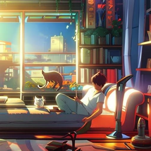 Man Napping with Cats in Anime Style