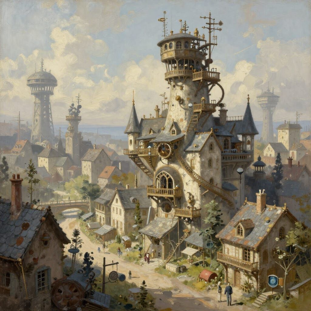 Steampunk French Futuristic Neighborhood Landscape
