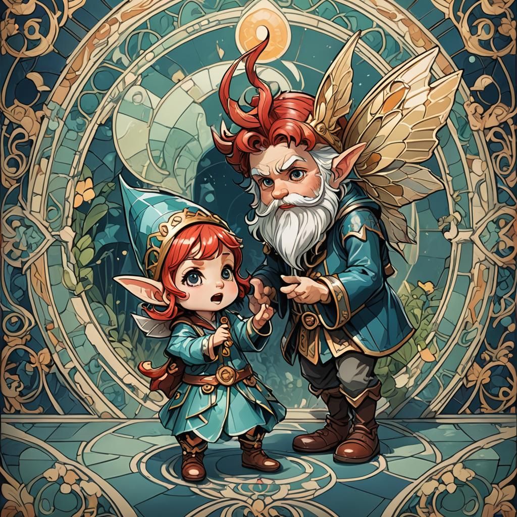 Ornate Fairy and Chibi Gnome in Art Deco Style